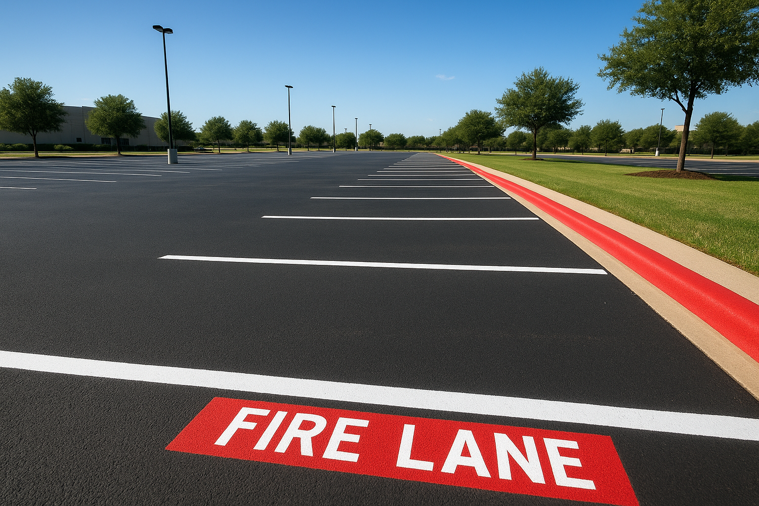 Freshly applied fire lane marking services on a commercial parking lot with red curb paint and stenciled text