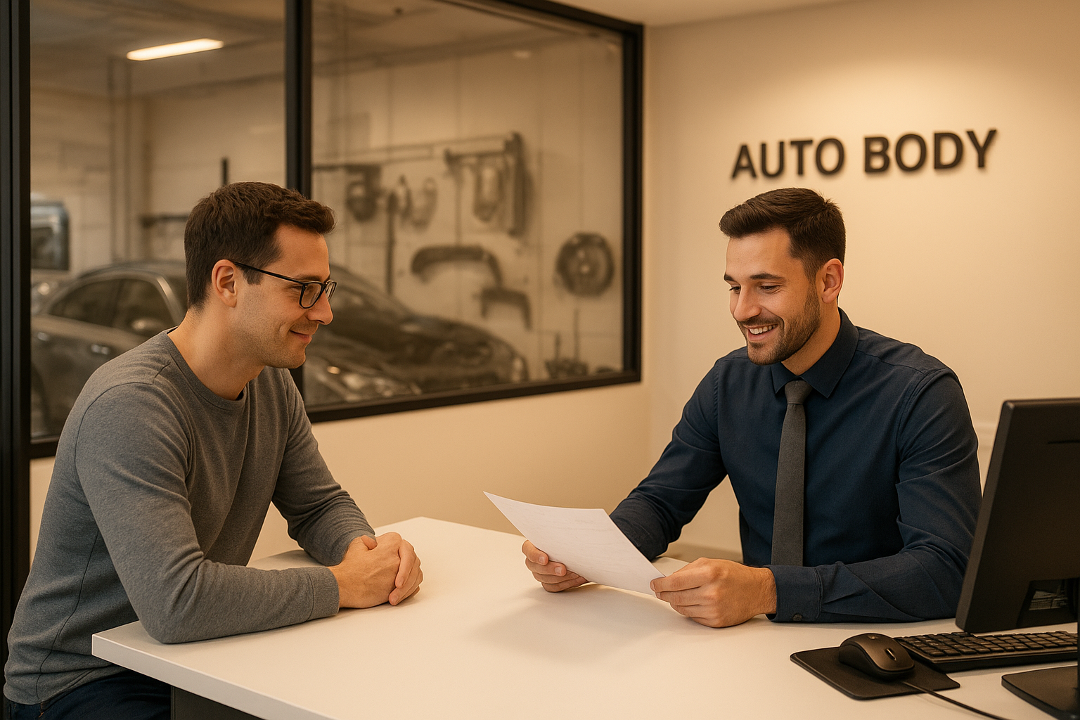 Service advisor discussing bumper repair insurance documentation with a vehicle owner at an auto body shop