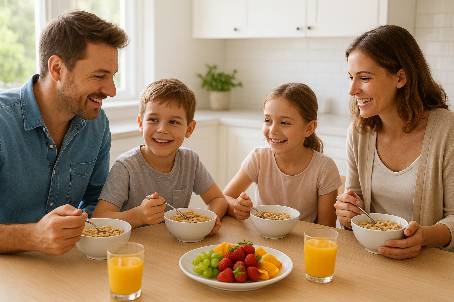 Family eating a low sugar breakfast cereal together at the kitchen table