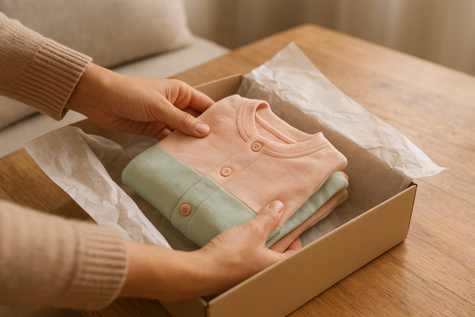 Parent packing children's clothing for a two-way rental shipment return
