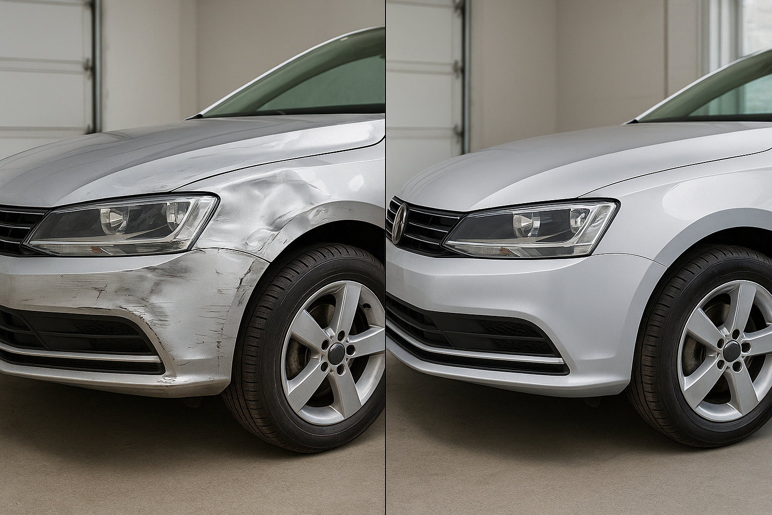 Before and after comparison of a vehicle panel after collision damage repair