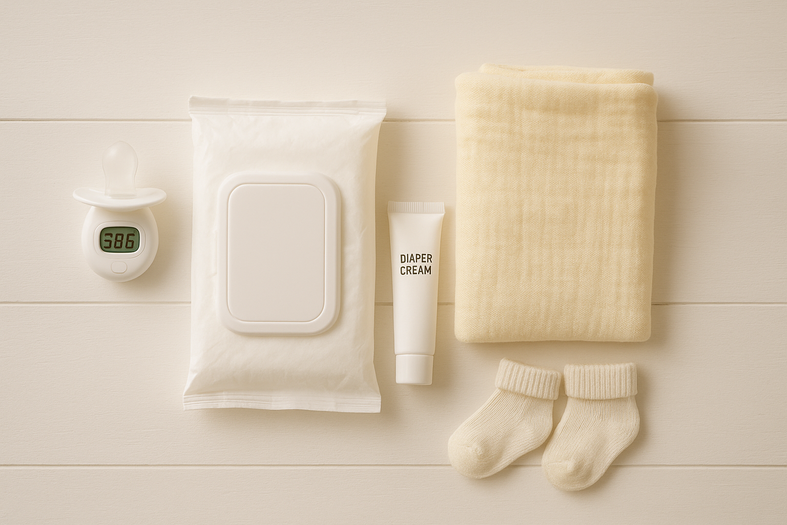 Newborn care essentials flatlay showing a digital pacifier thermometer, wipes, swaddle blanket, and diaper cream for nursery products for newborns