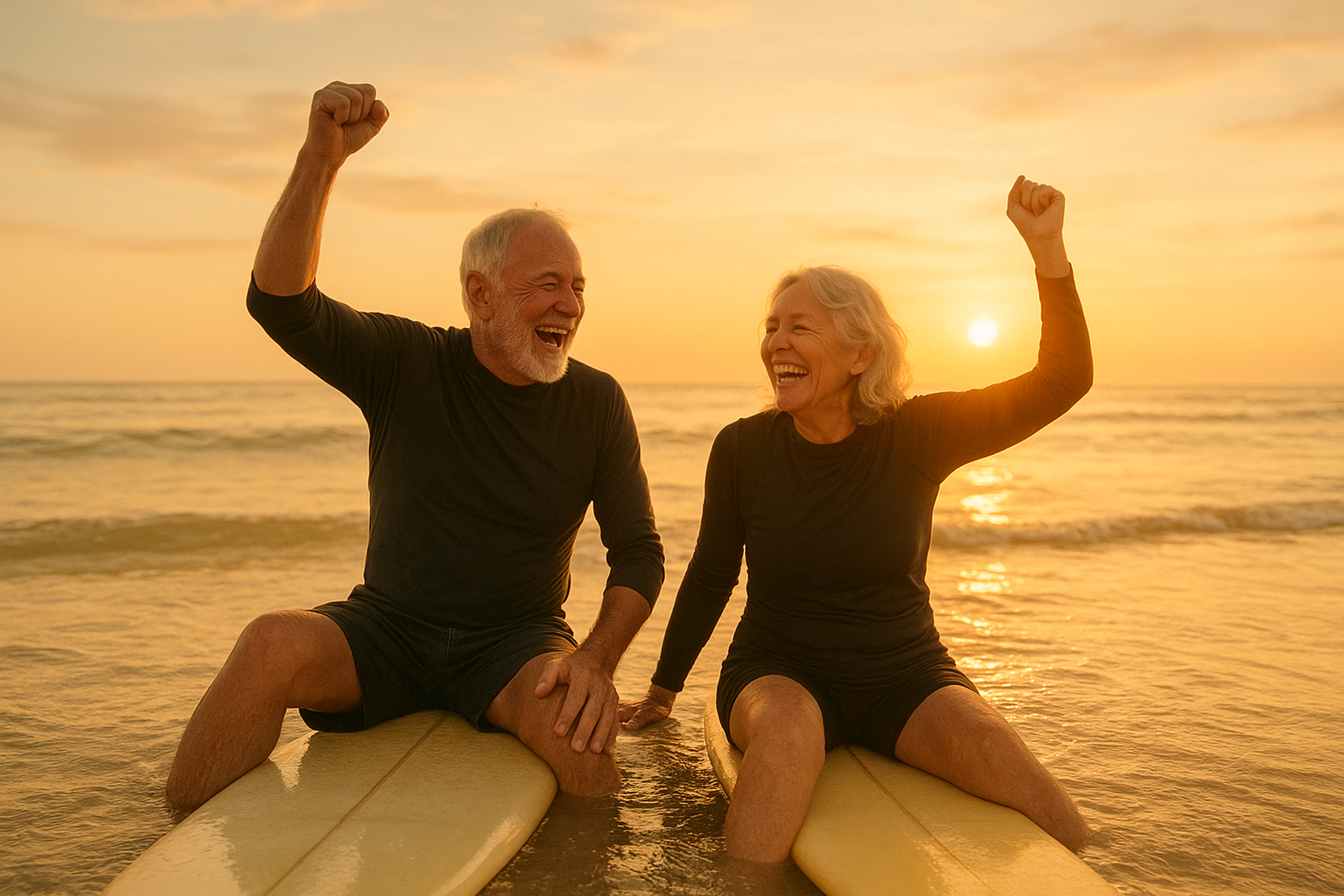 Senior couple celebrating success after a Waikiki surf lesson in calm morning water
