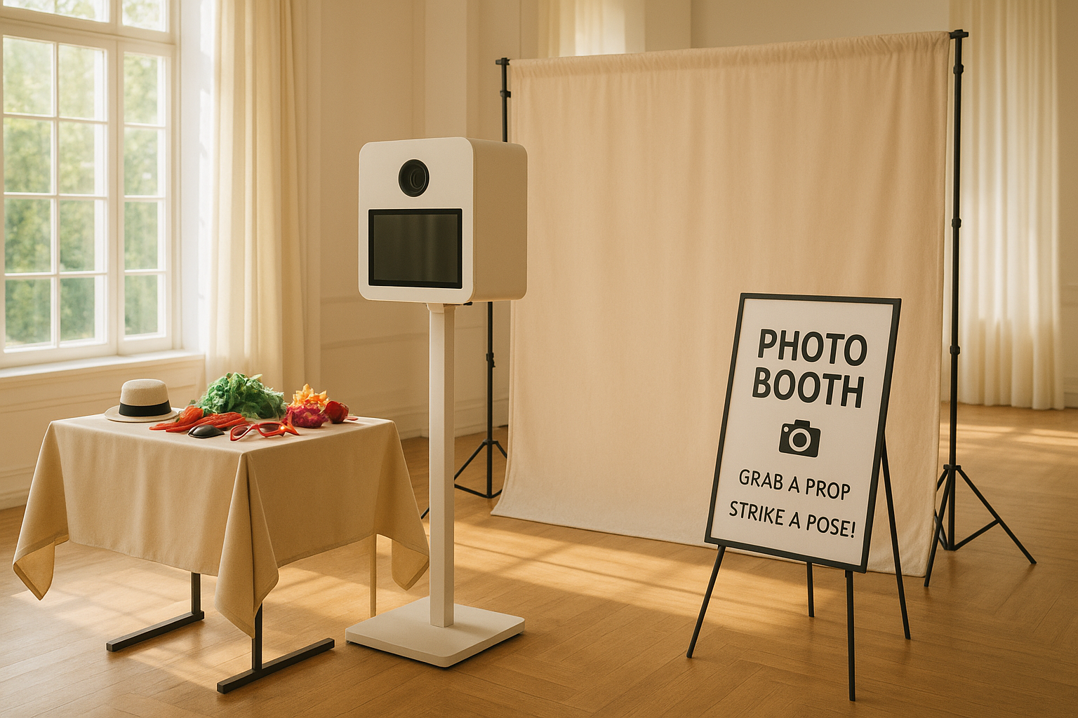 Self-serve photo booth pickup Evansville IN setup with backdrop and prop table at an indoor event