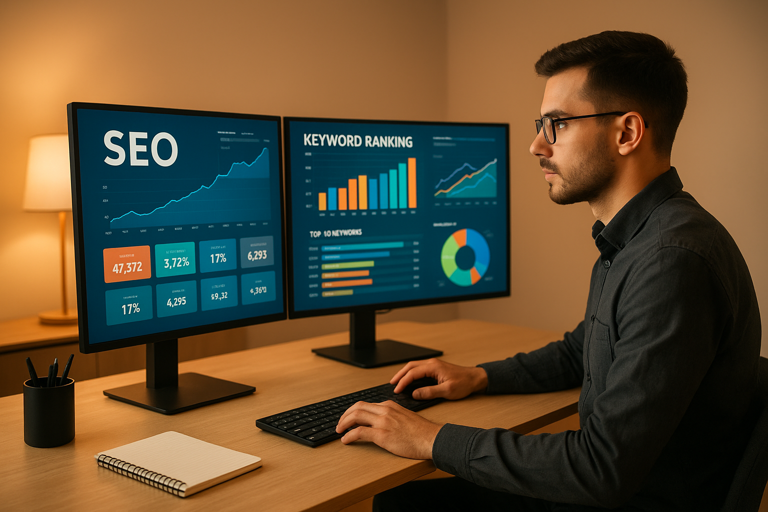 Digital marketer analyzing SEO for digital marketers strategy on multiple dashboard screens