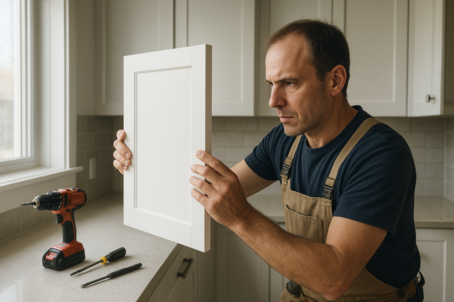 Craftsman installing refaced cabinet door as part of a kitchen upgrade