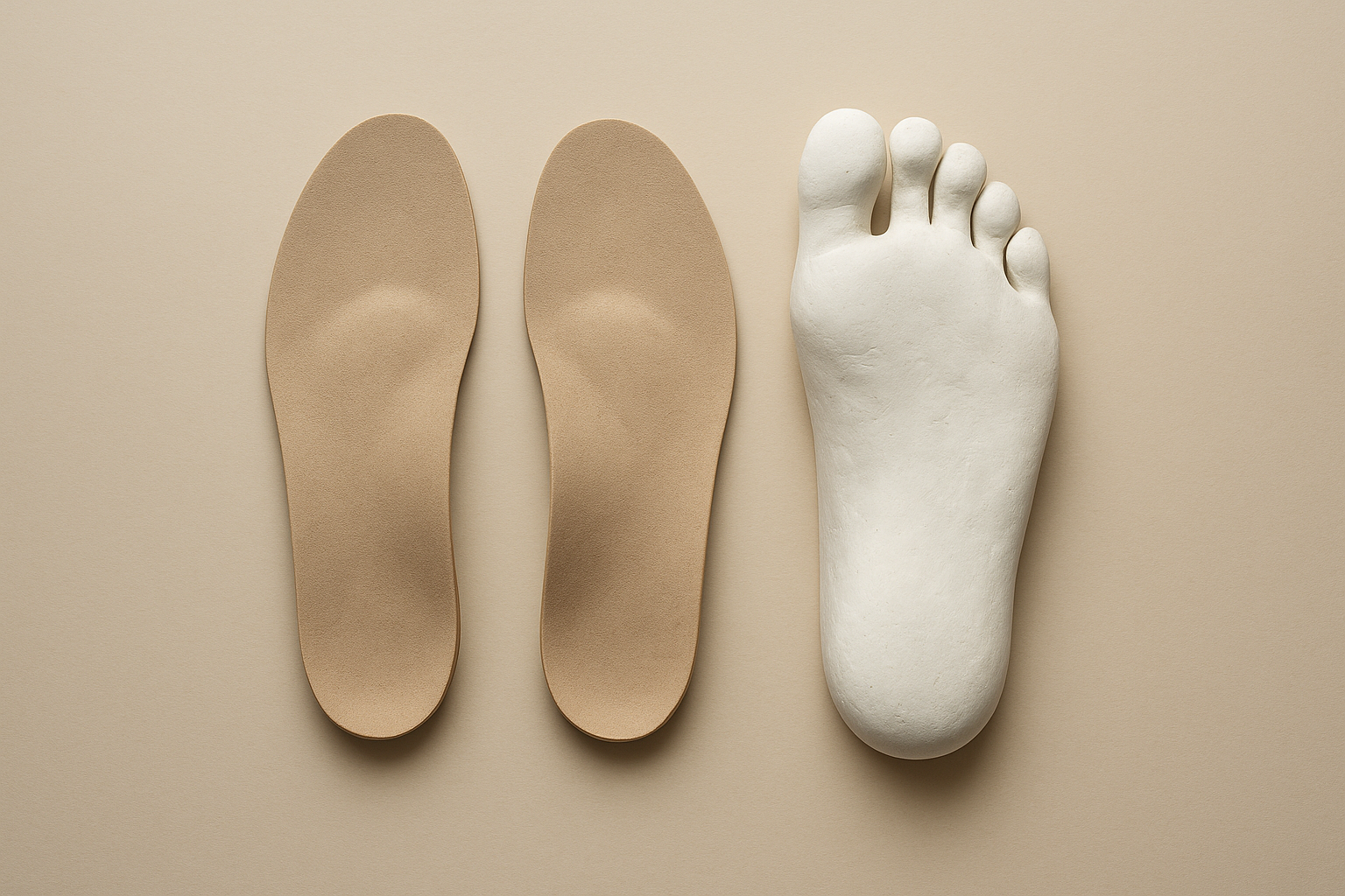 Pair of custom orthotic insoles next to a foot mold used to craft chronic foot pain solutions