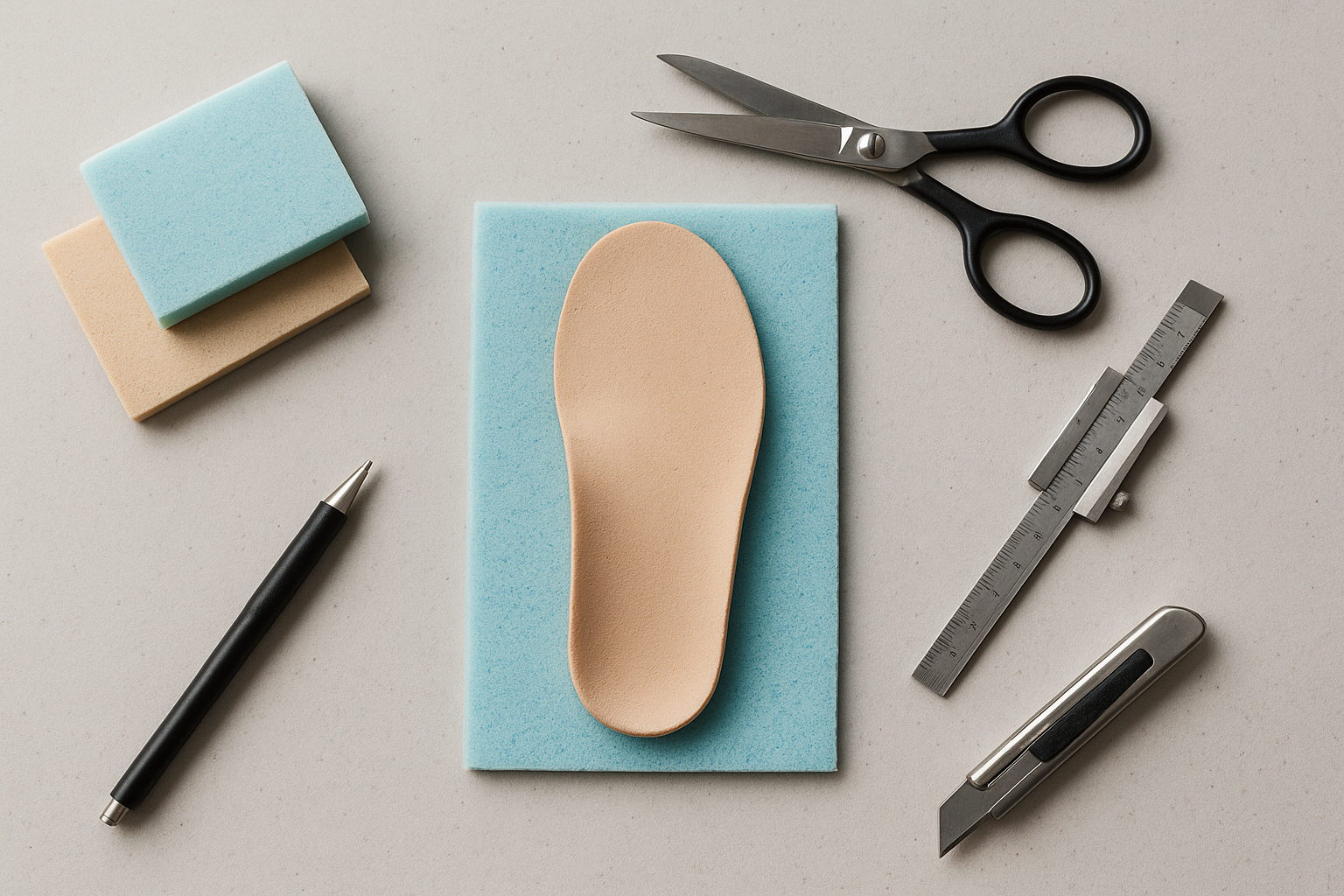 Lab workbench showing tools and materials used to fabricate custom foot orthotics