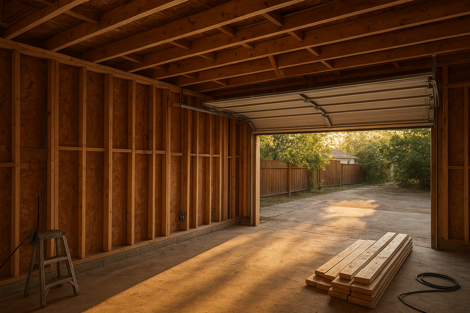 Garage conversion showing new structural support beams during an ADU build