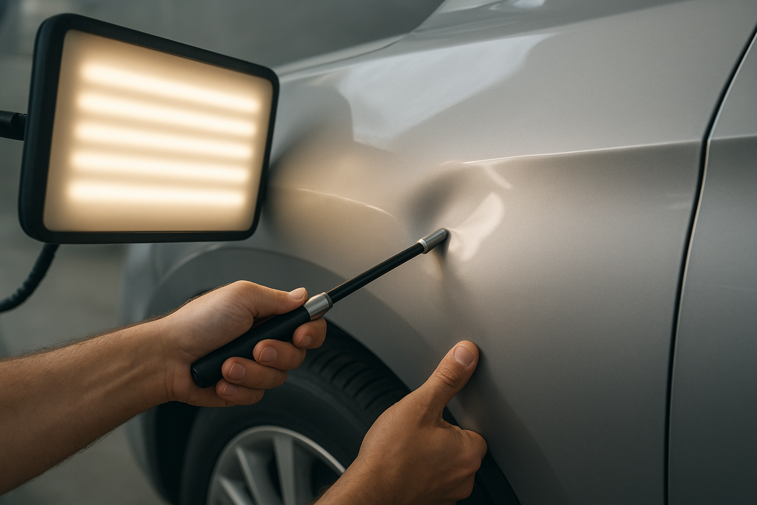 Close-up of paintless dent repair technique used for hail damage restoration