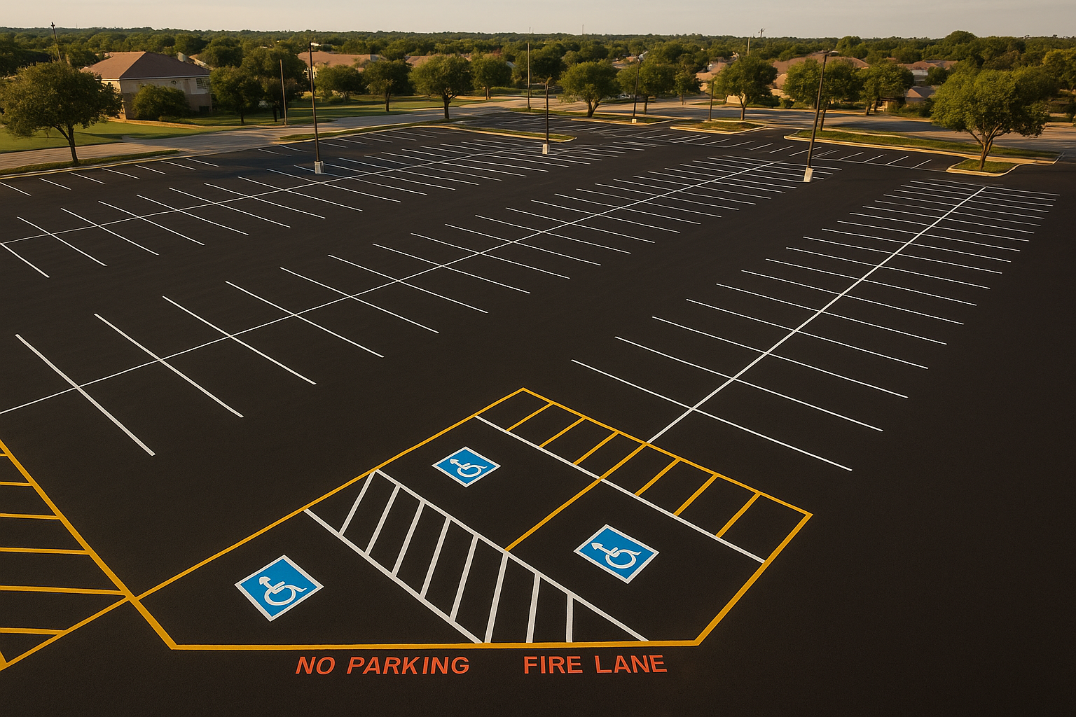 Aerial view of a Texas parking lot striping company's completed commercial lot with ADA and fire lane markings