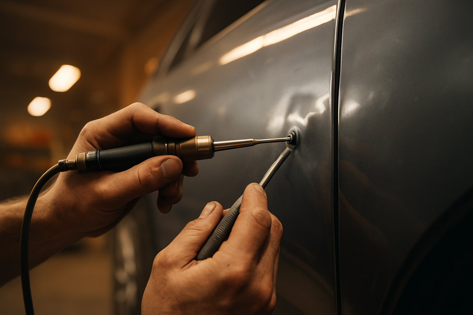 Auto body technician performing precise collision repair in an Orange County shop