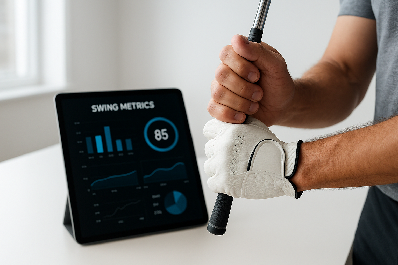 Coach and golfer reviewing swing metrics on a tablet during a training session