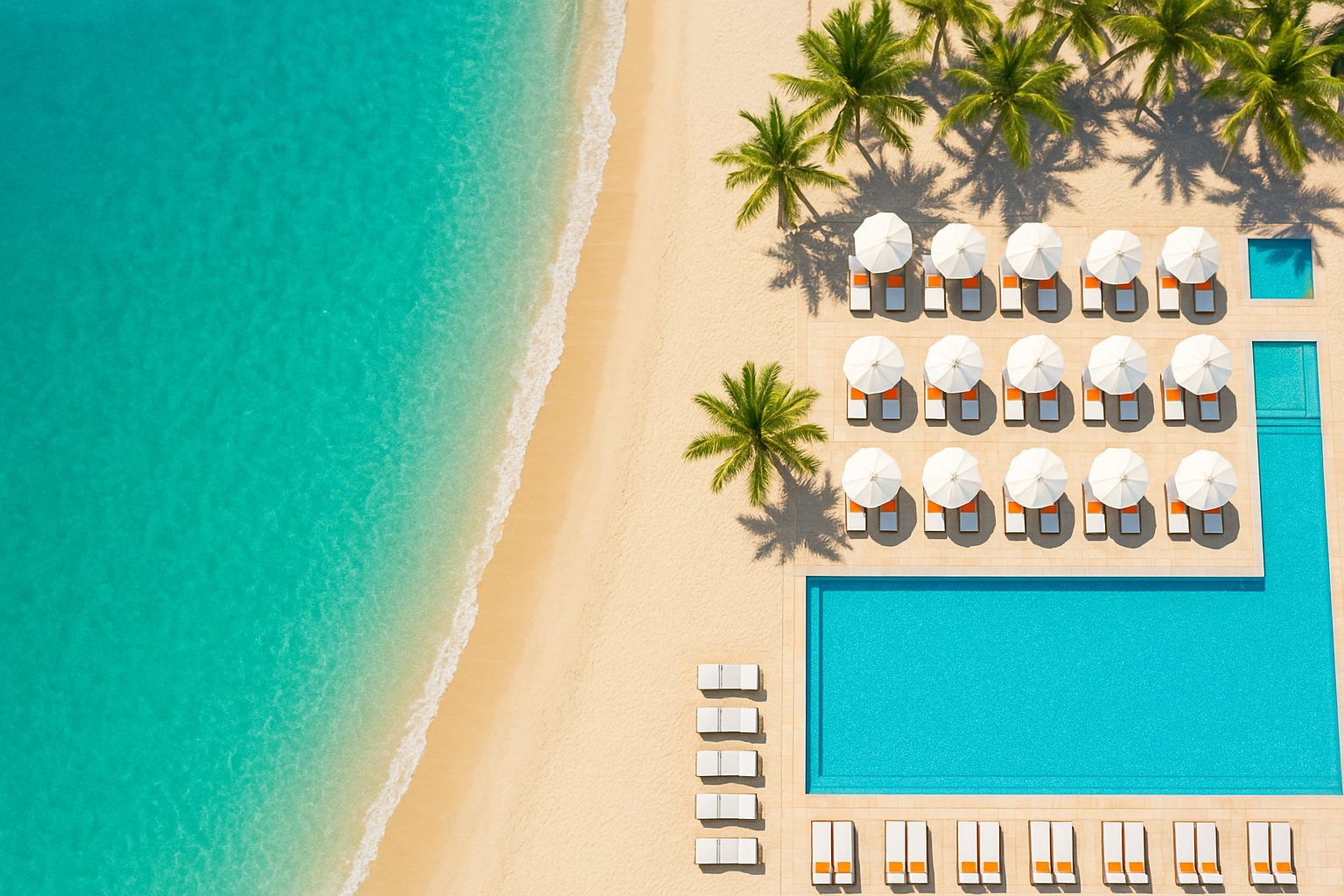 Aerial view of resort coastline and pool used for hospitality marketing video