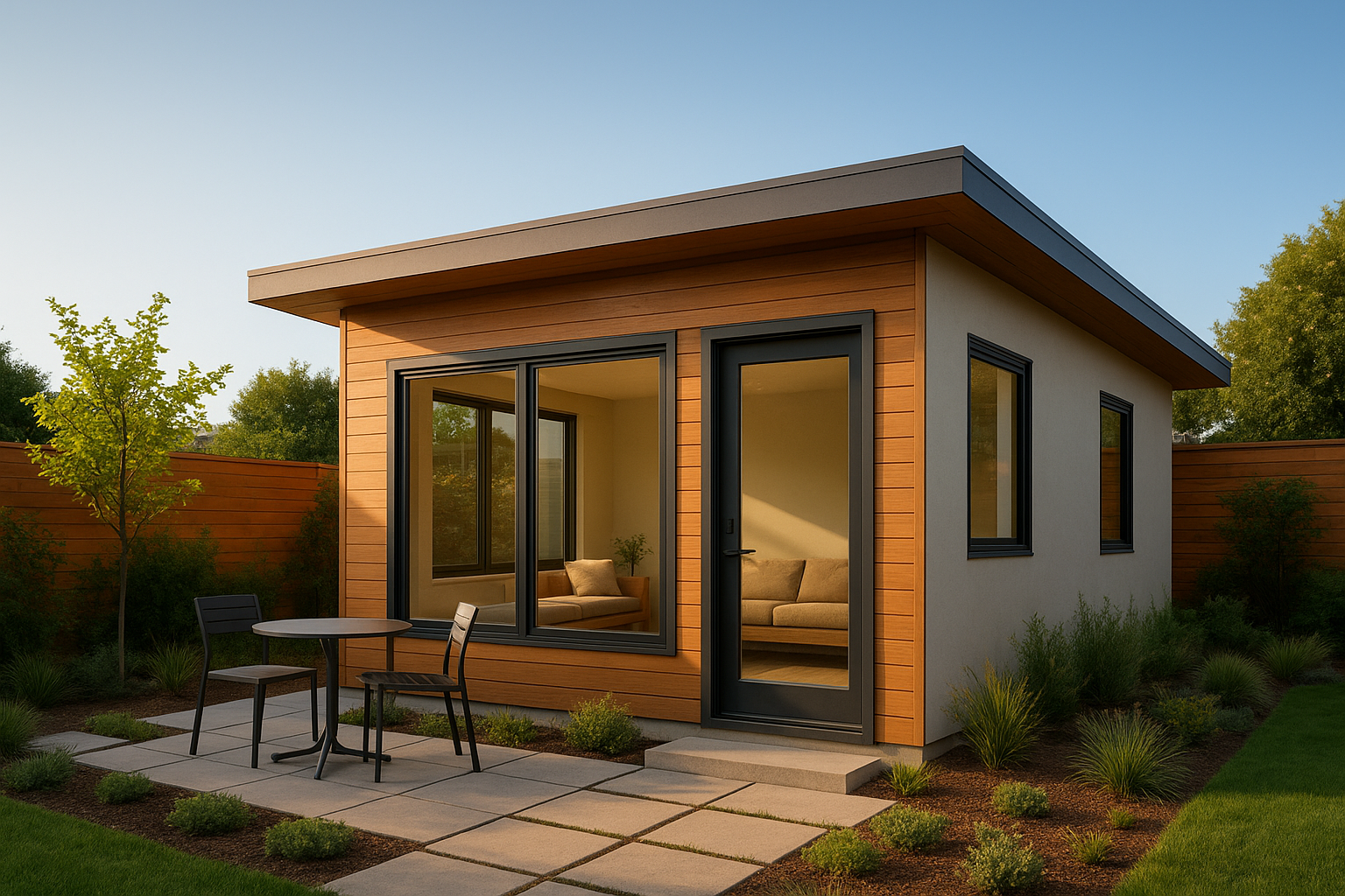 Modern detached residential ADU solution in a Southern California backyard with garden patio