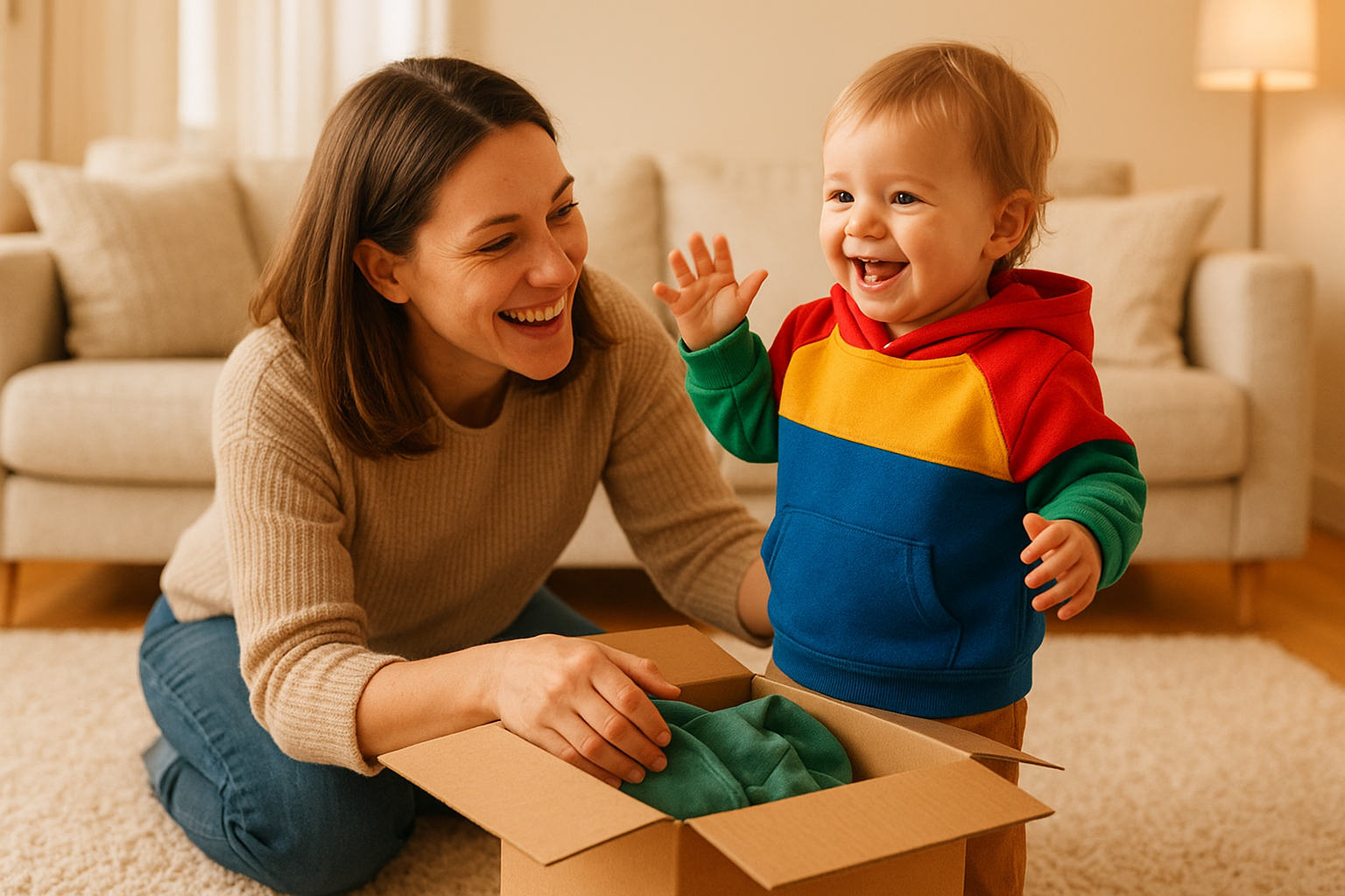 Parent helping toddler try on new clothes from a kids clothing subscription delivery box