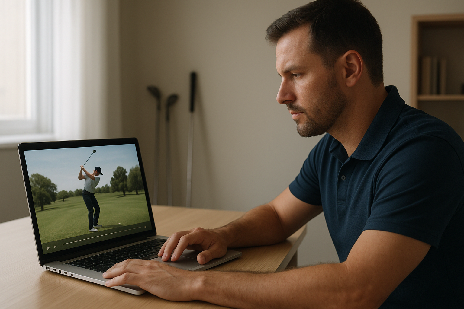 Golfer reviewing swing feedback while learning how to choose the right golf swing coach online