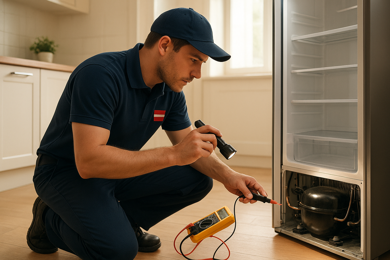 local appliance repair experts inspecting a refrigerator compressor in a home kitchen