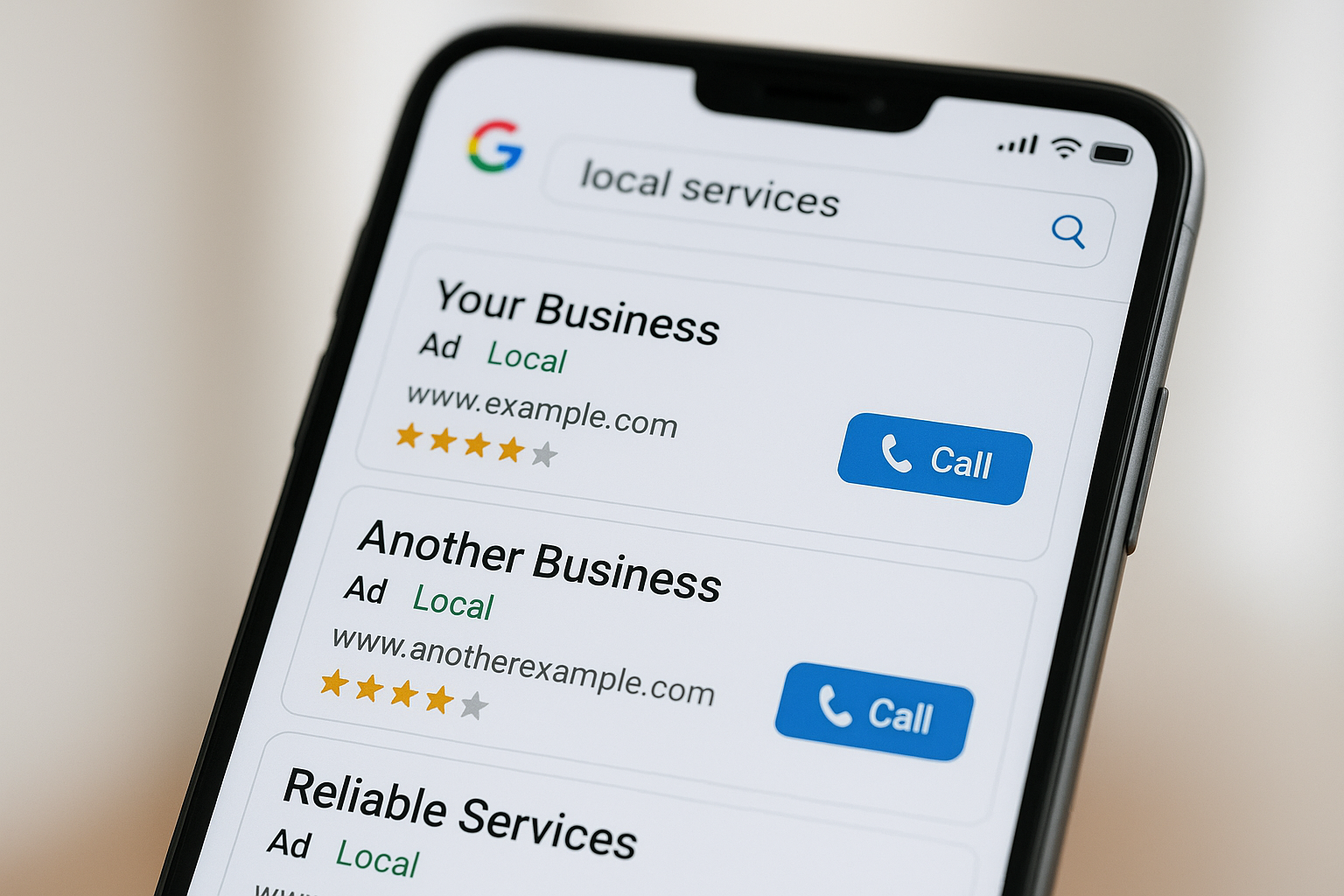 Smartphone screen showing competing local HVAC search ads in Google search results