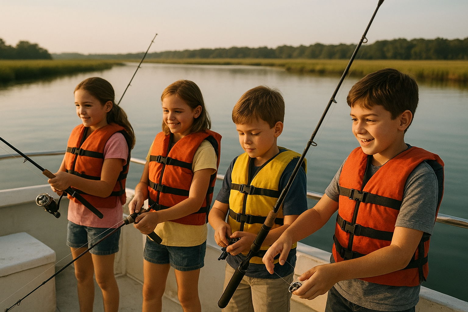 Students learning rod handling during North Myrtle Beach charter fishing for schools