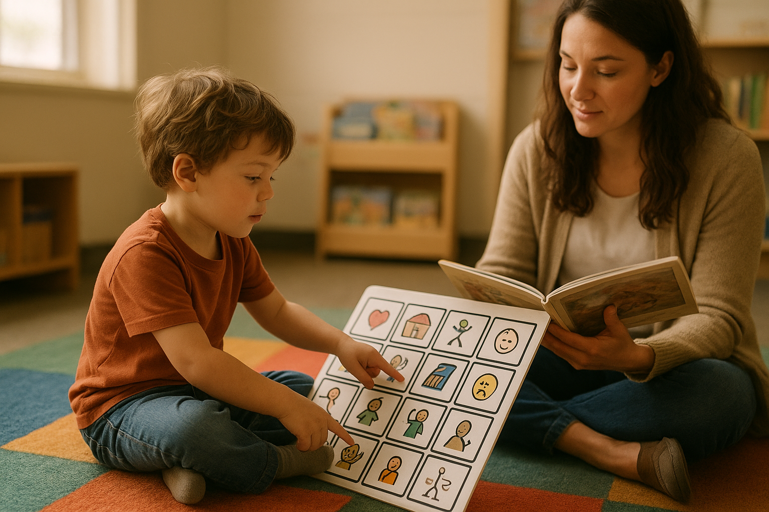 Child pointing to a core vocabulary symbol during a core word of the week book activity