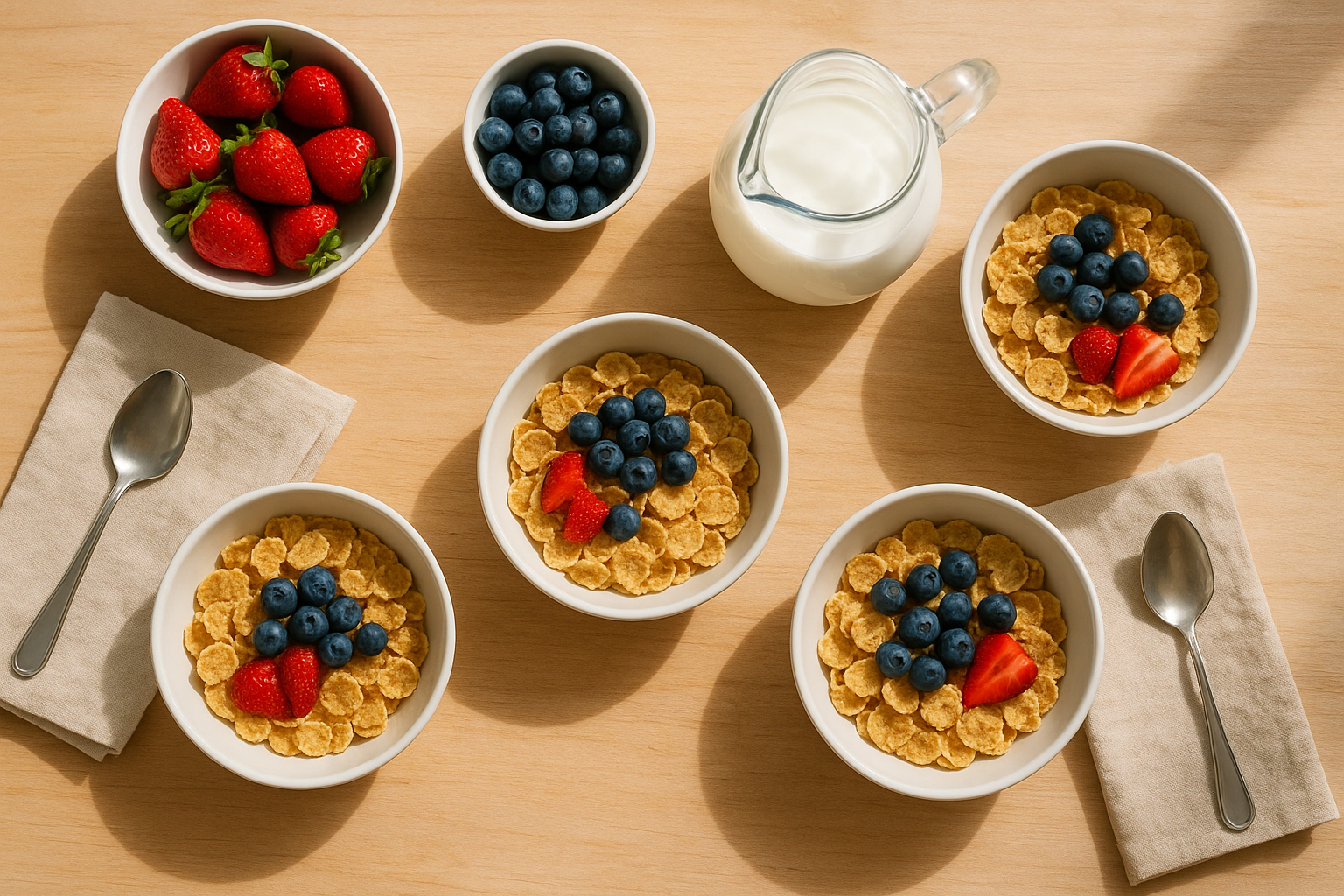 Family breakfast table set with cereal bowls and fresh fruit for a healthier morning meal