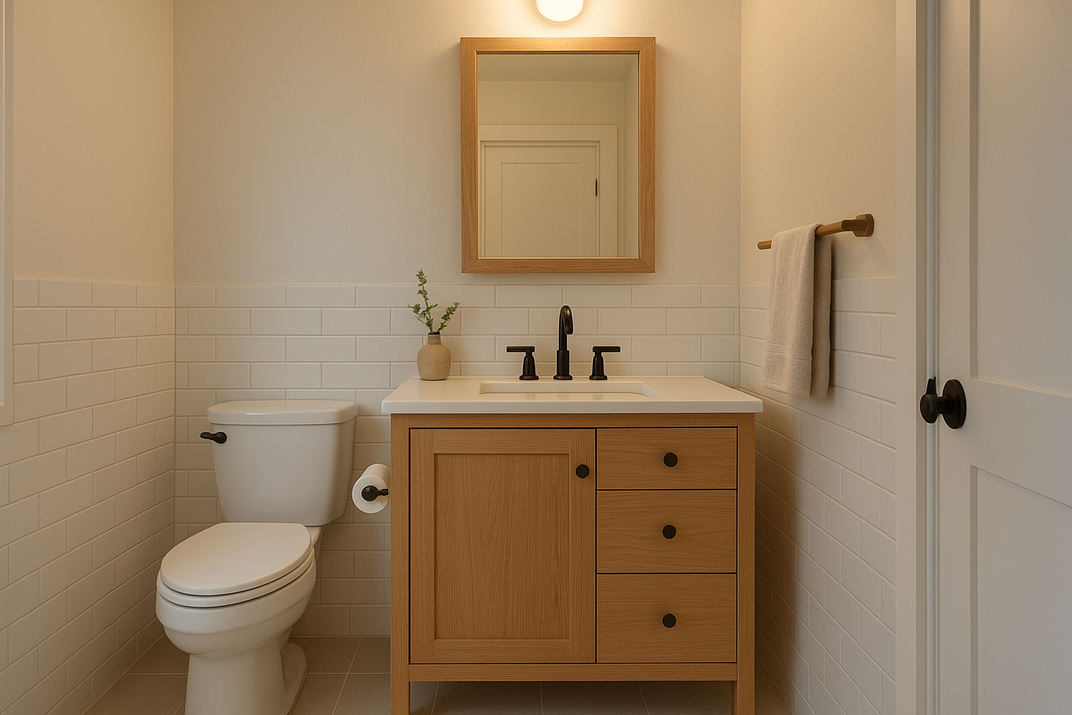 Custom-fit bathroom vanity with built-in drawers in a compact ADU bathroom