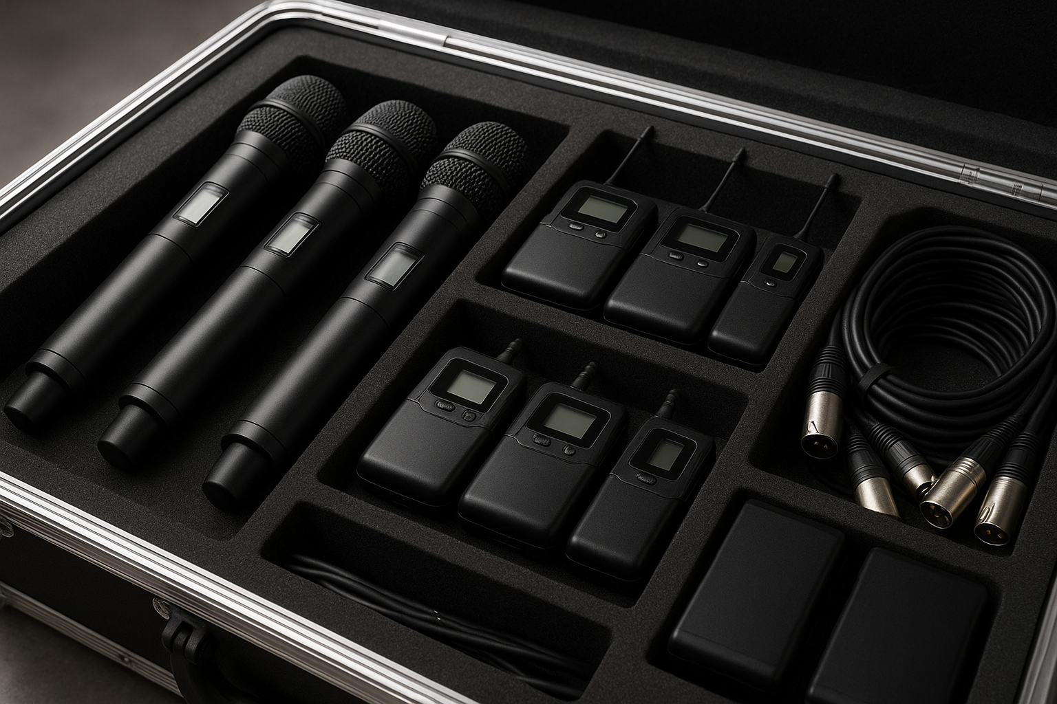 Backup wireless microphones and cables organized for event AV reliability