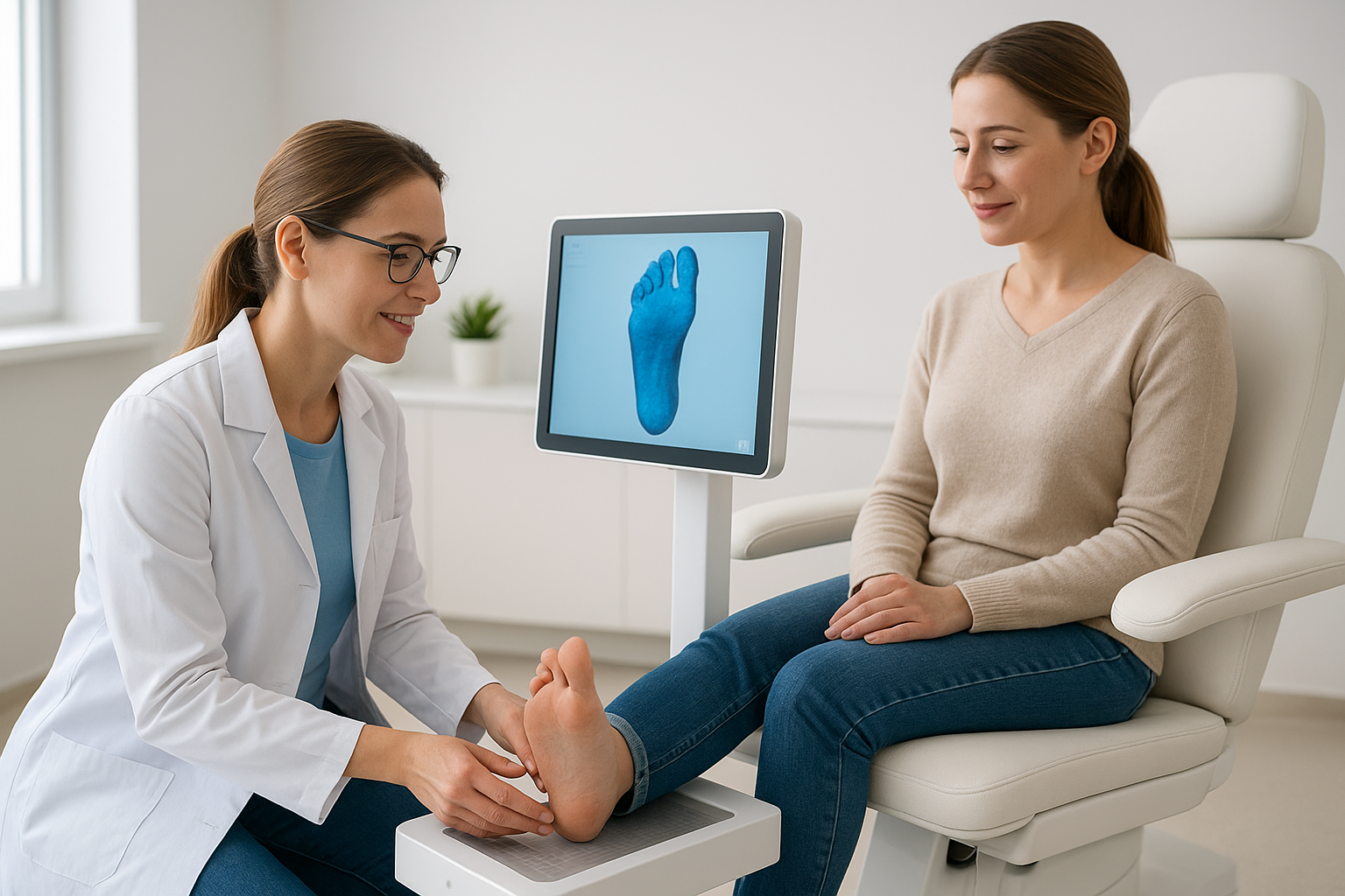Podiatrist performing a 3D foot scan to create custom orthotics for a standing worker