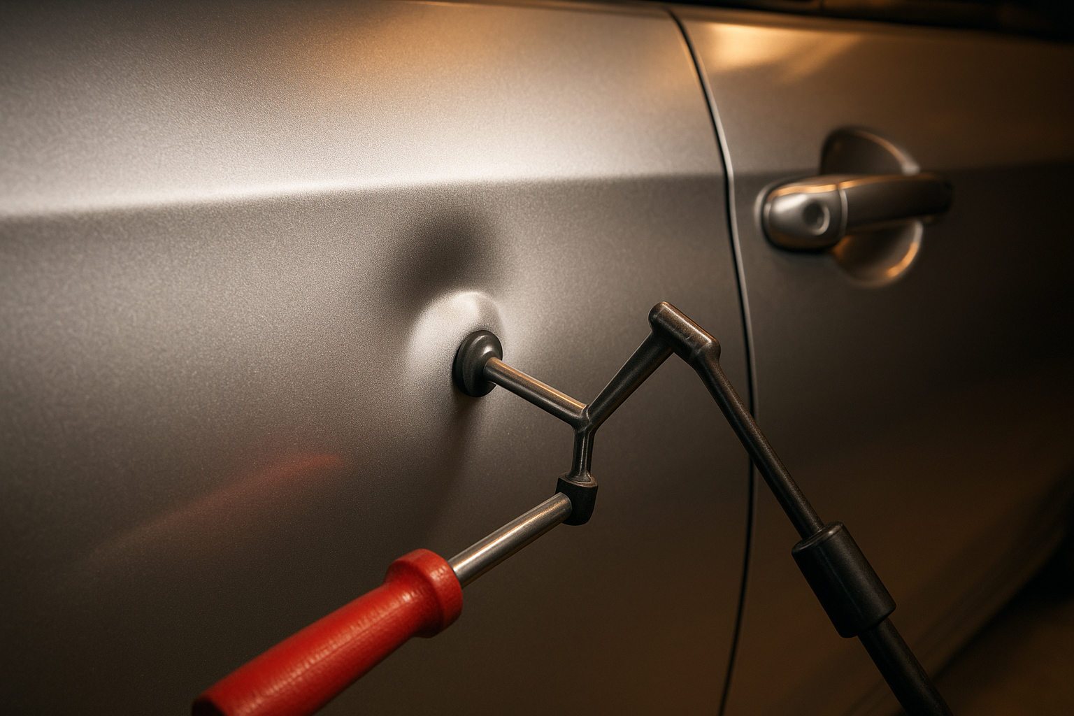 Paintless dent repair being performed on a vehicle door panel at a local auto body shop
