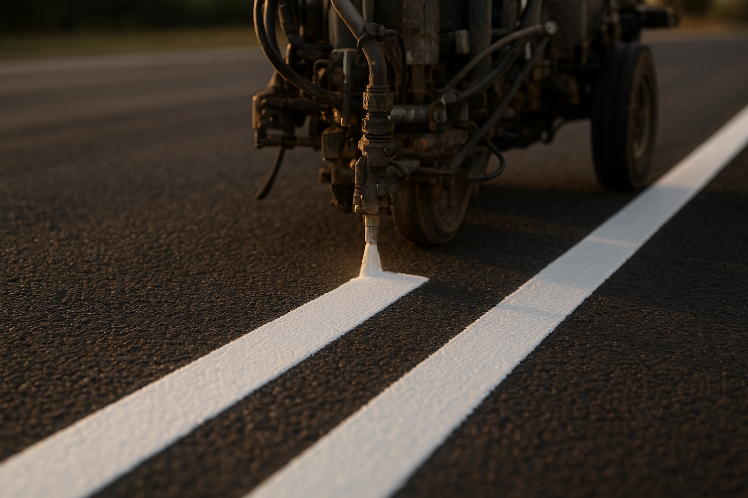 Thermoplastic striping material being applied to asphalt for durable long-lasting pavement markings