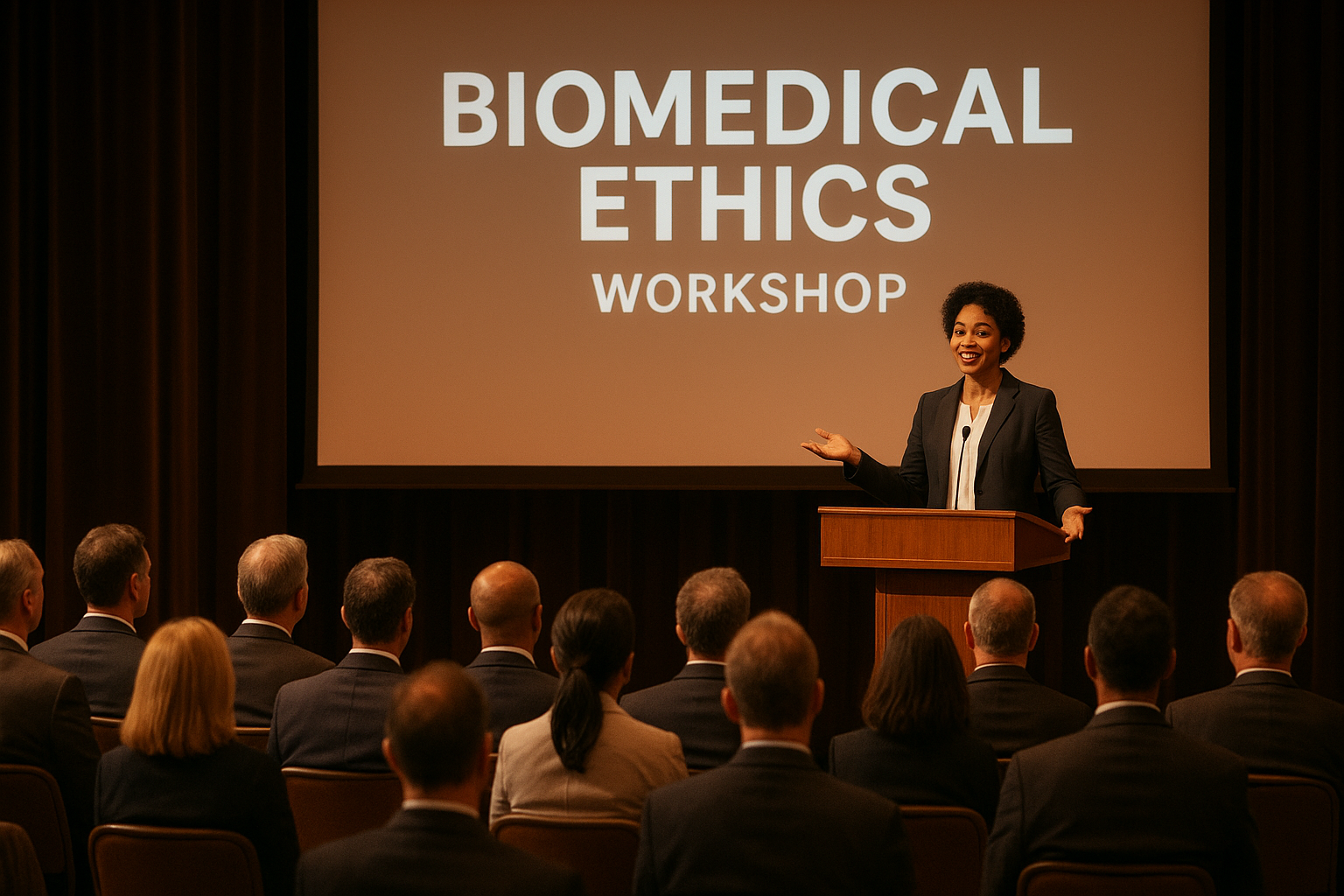 Healthcare AI ethics advisor presenting biomedical ethics workshop to hospital leadership