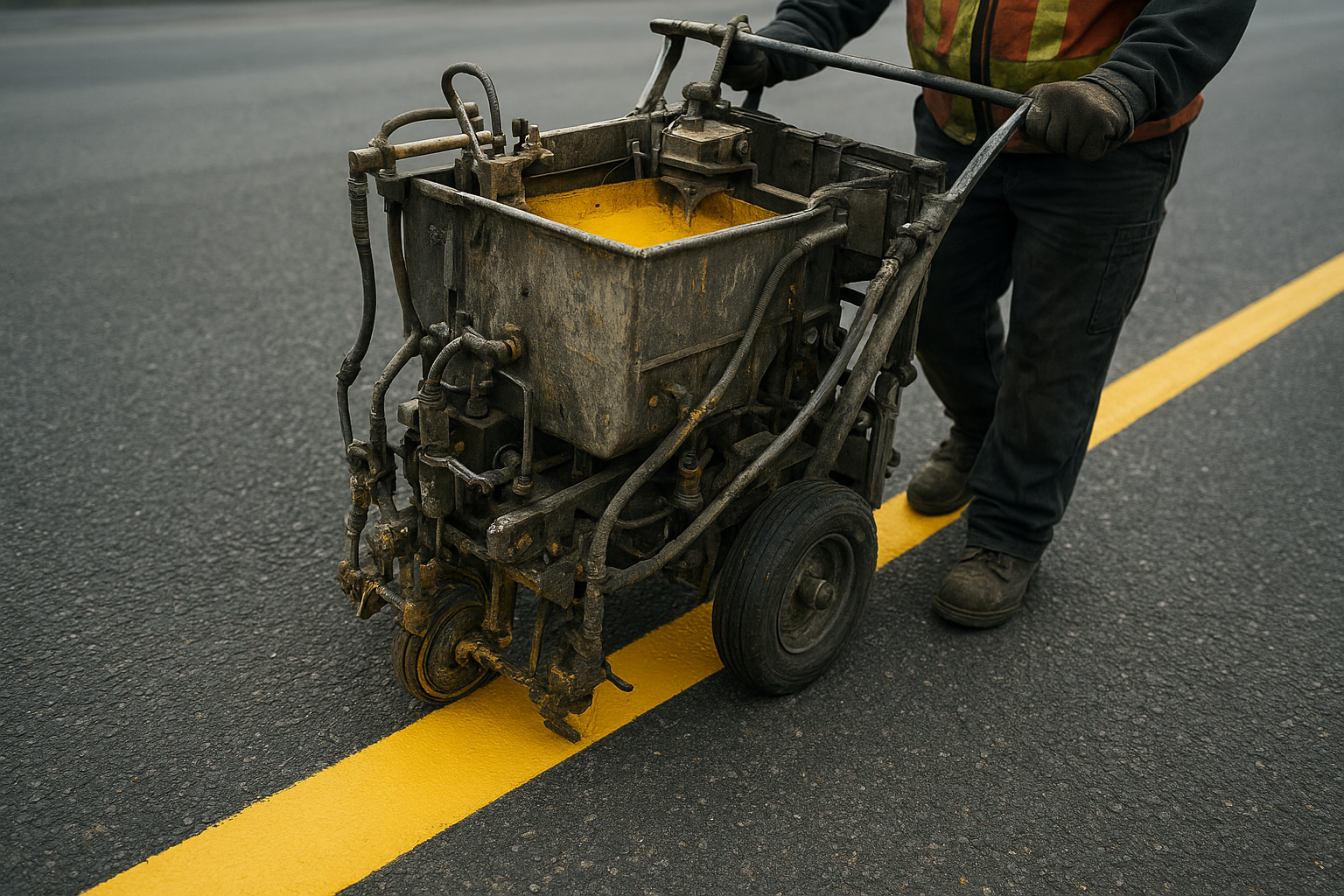 Striping crew applying low-VOC eco-friendly parking lot paint with a line striping machine