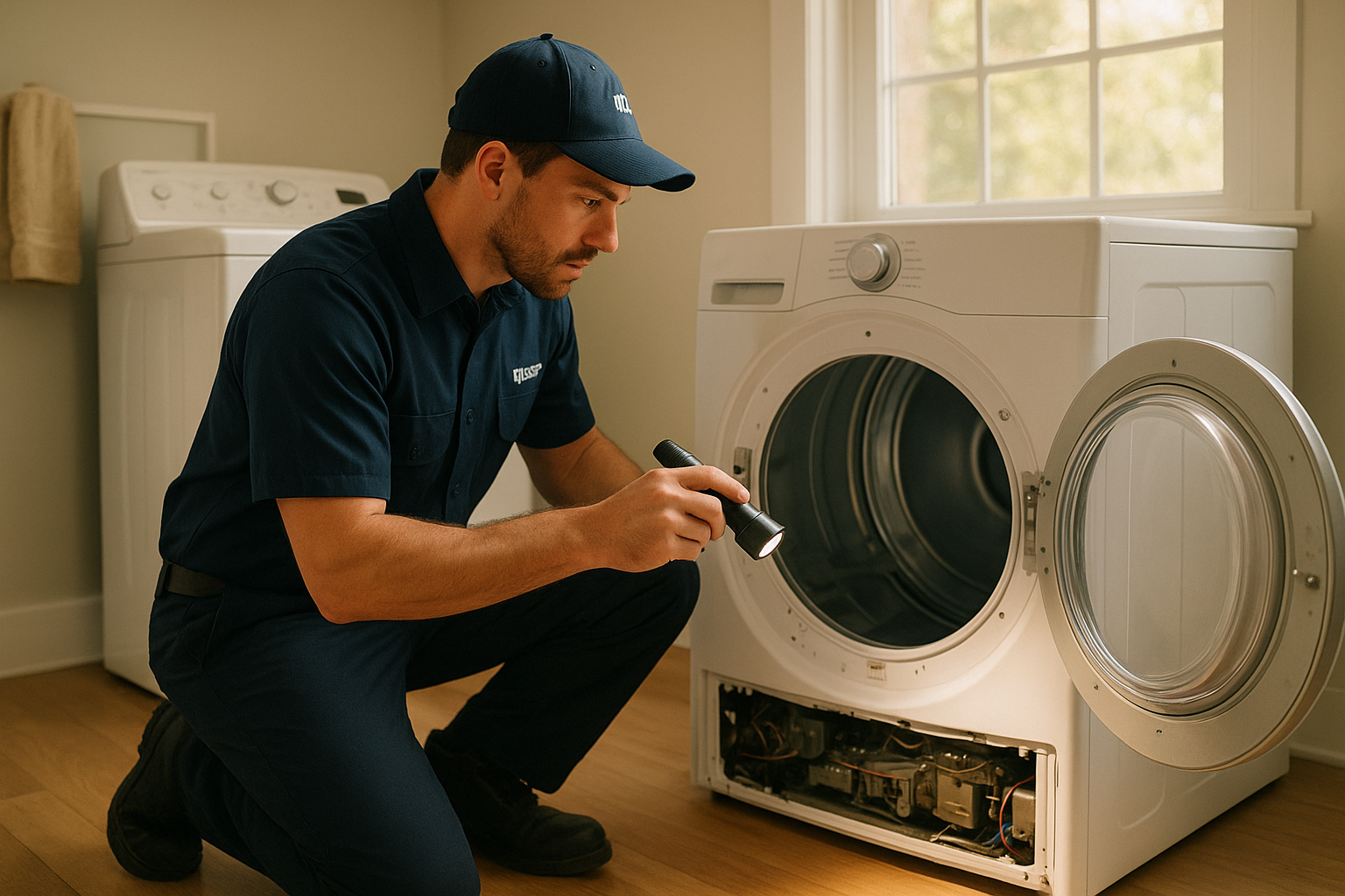 Technician performing affordable dryer service on a residential dryer in Santa Rosa