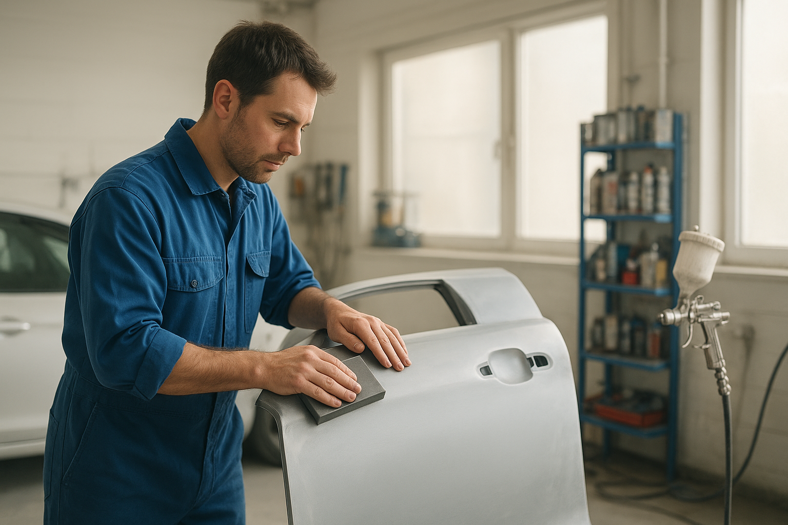 Technician at an inexpensive auto body shop sanding a car door for repair