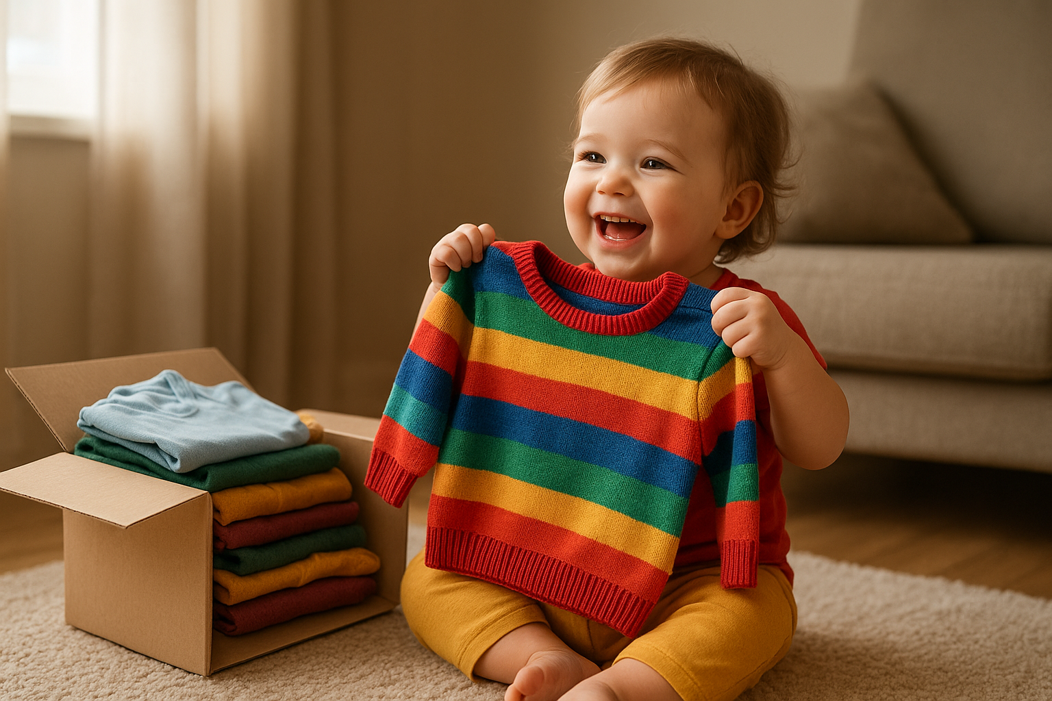Toddler unboxing a children's sustainable fashion subscription delivery of rotating clothes
