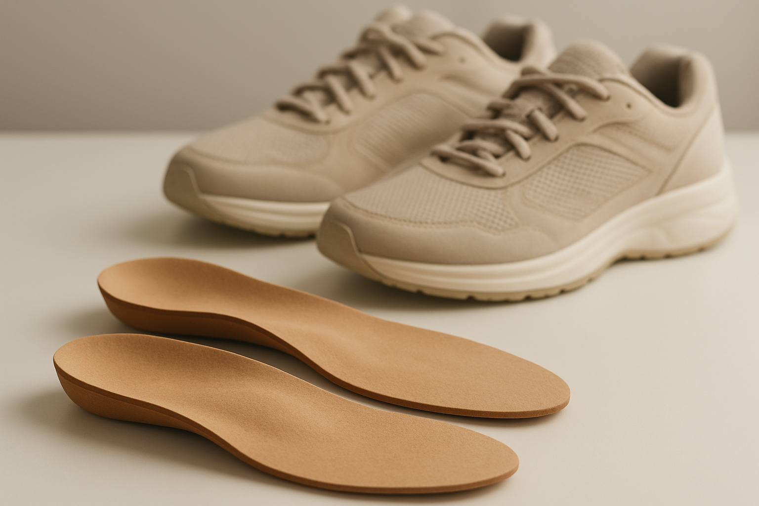 Custom orthotic insoles providing foot support for everyday activities placed next to athletic shoes