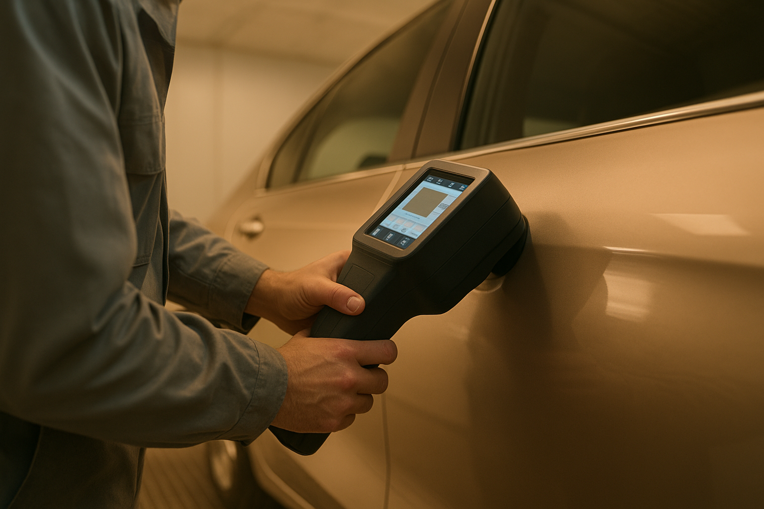 Paint technician color-matching a vehicle door panel in an auto body shop