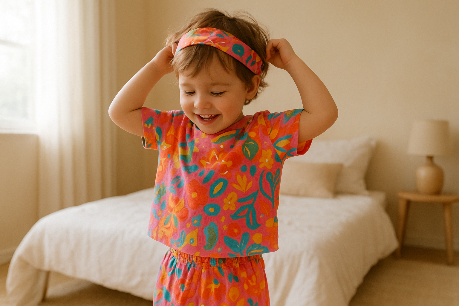 Toddler trying on rented clothing pieces from a children's rental subscription