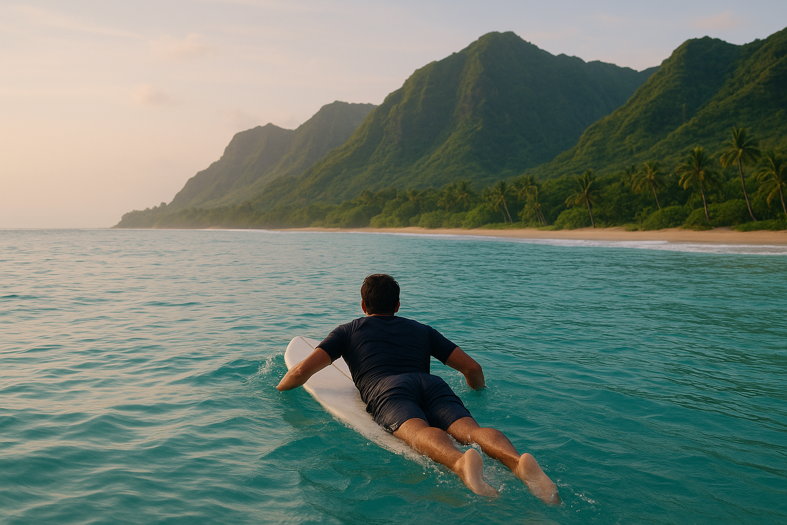 Surfer paddling out at a scenic Hawaiian beach with green cliffs in the background