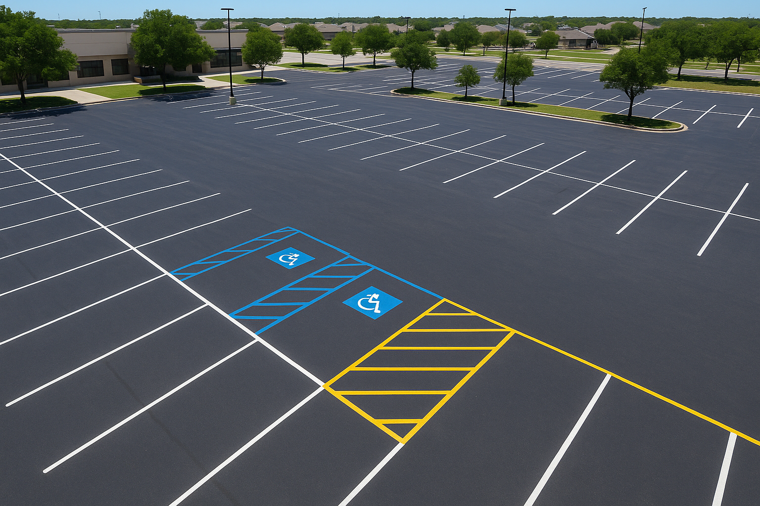 Aerial view of a commercial parking lot with fresh white stall lines, ADA spaces, and yellow no-parking markings