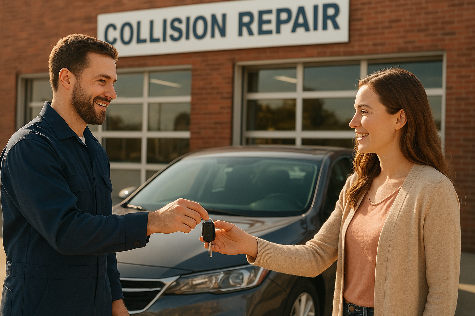 Customer receiving keys after collision repair service completion