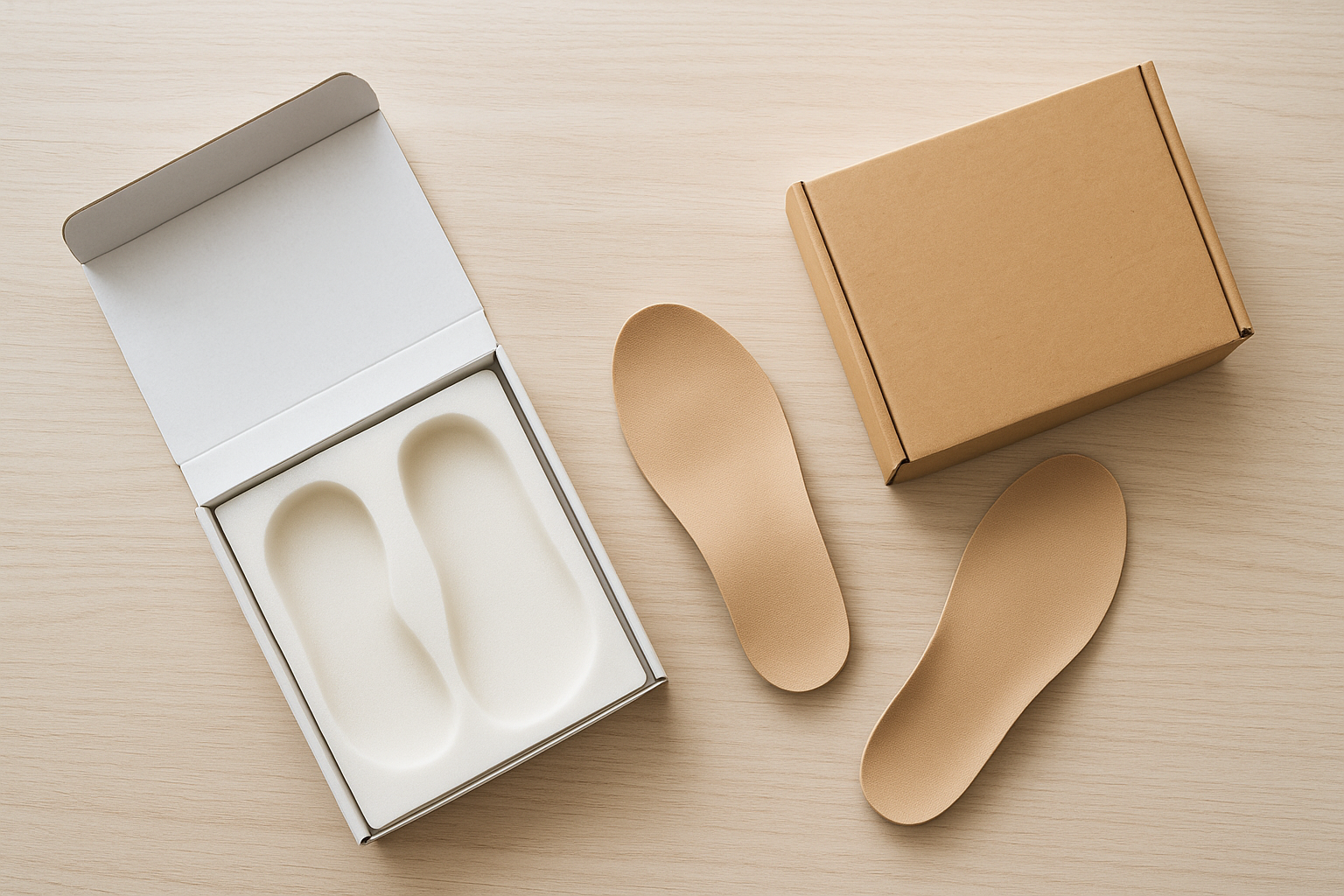 Finished custom made insole pair beside an at-home mold kit ready for shipping