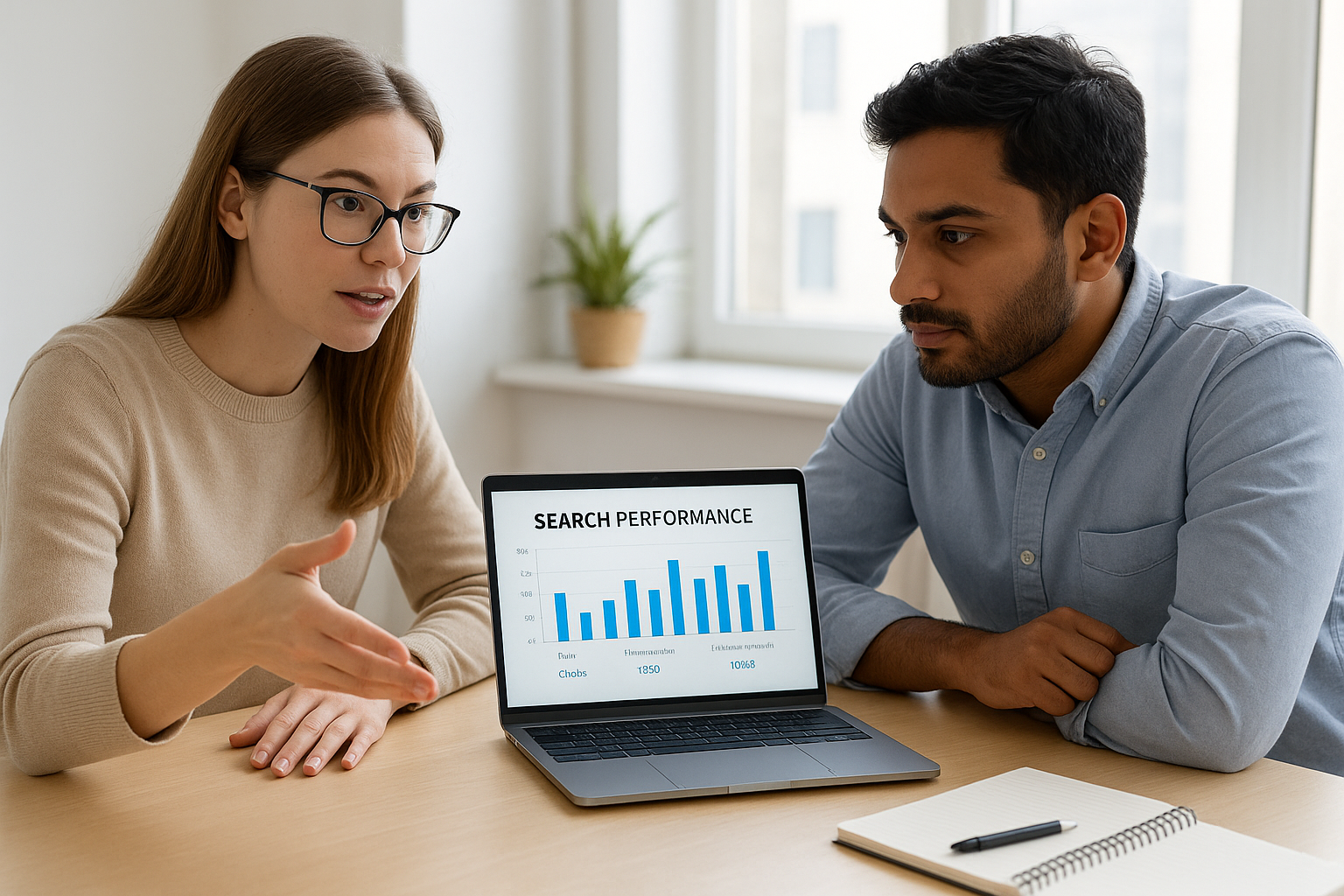 Marketing team discussing search performance analytics results in an office