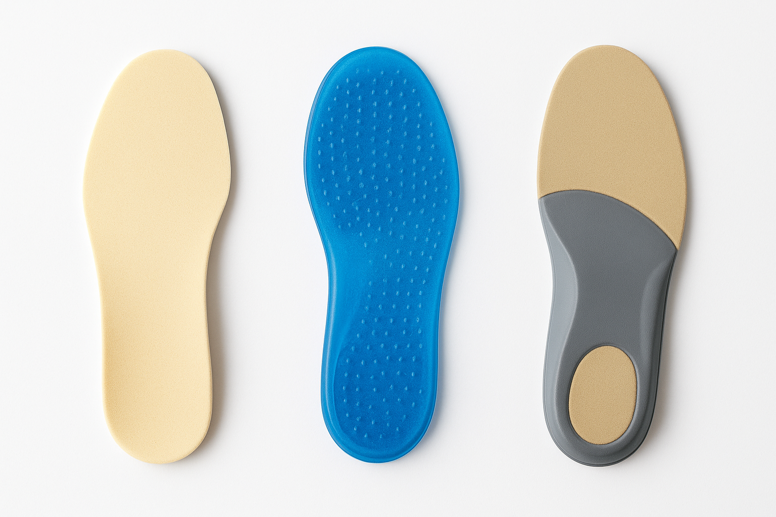 Different types of shoe insoles including foam, gel, and rigid orthotic inserts laid out on a white surface