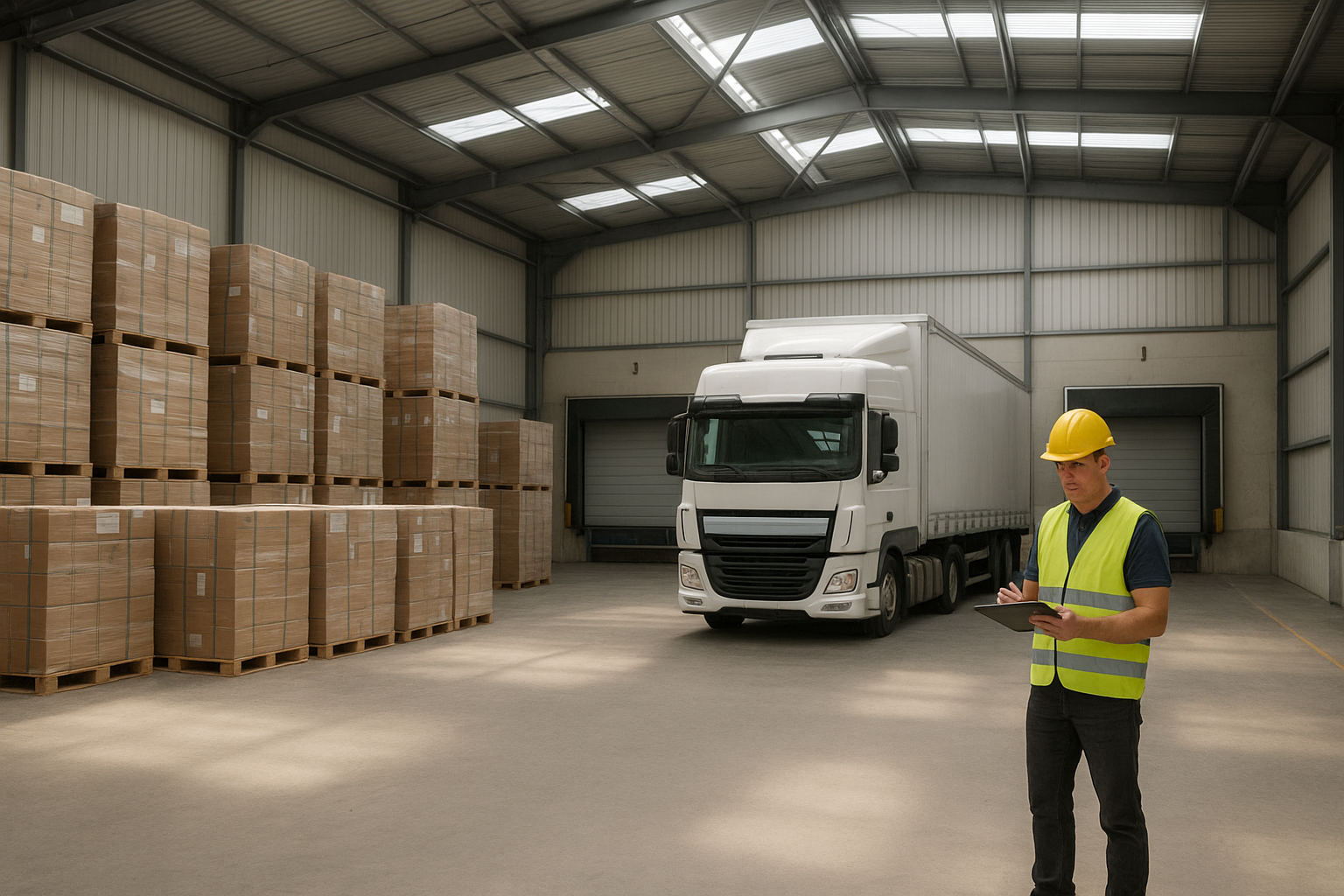 Warehouse worker checking freight pallets near a loading dock in a modern logistics facility