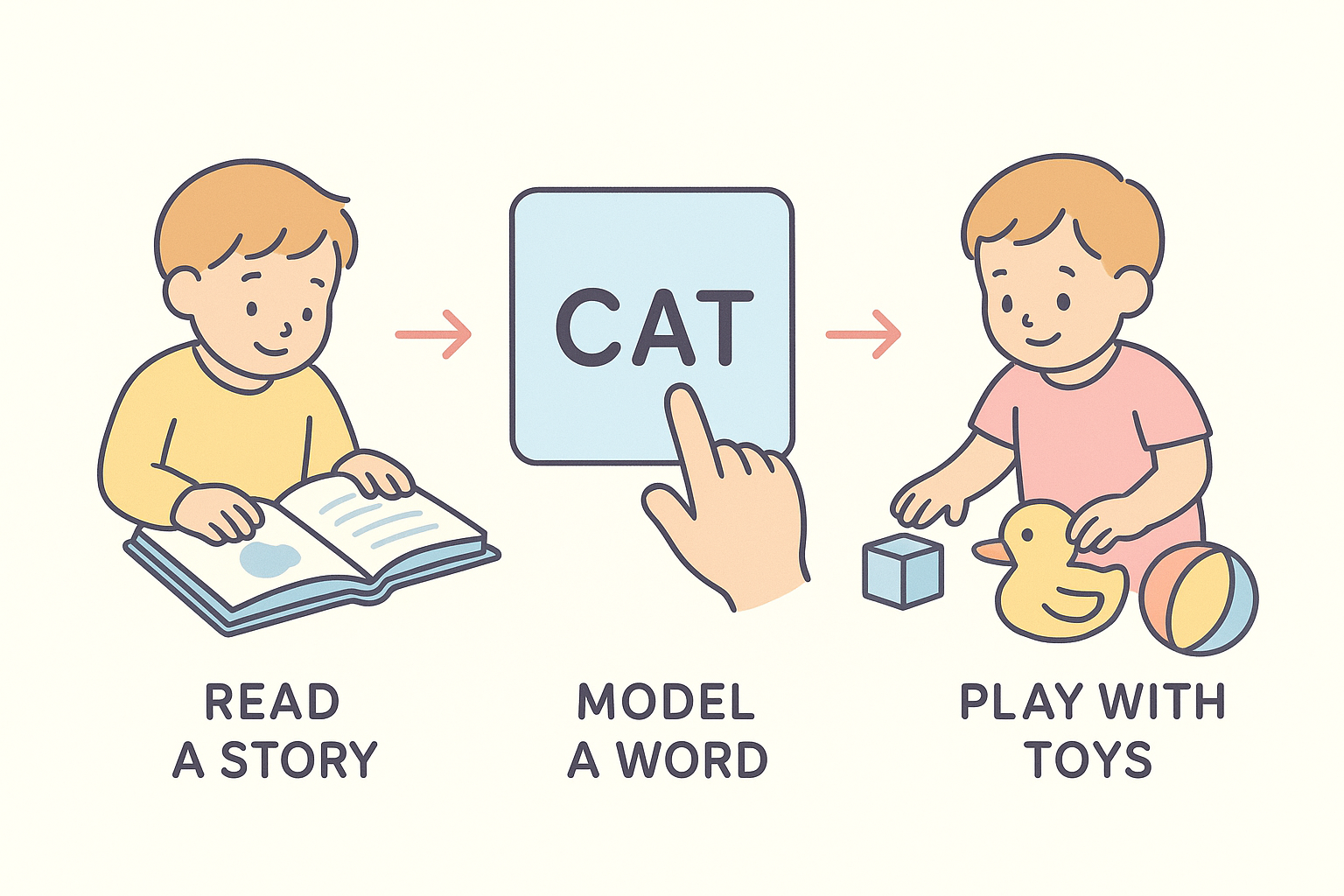 Illustration showing the read model play sequence used with core vocabulary resources for SLPs