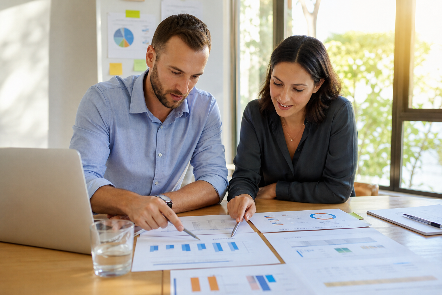 Two marketers discussing an influencer campaign authenticity report in a meeting room
