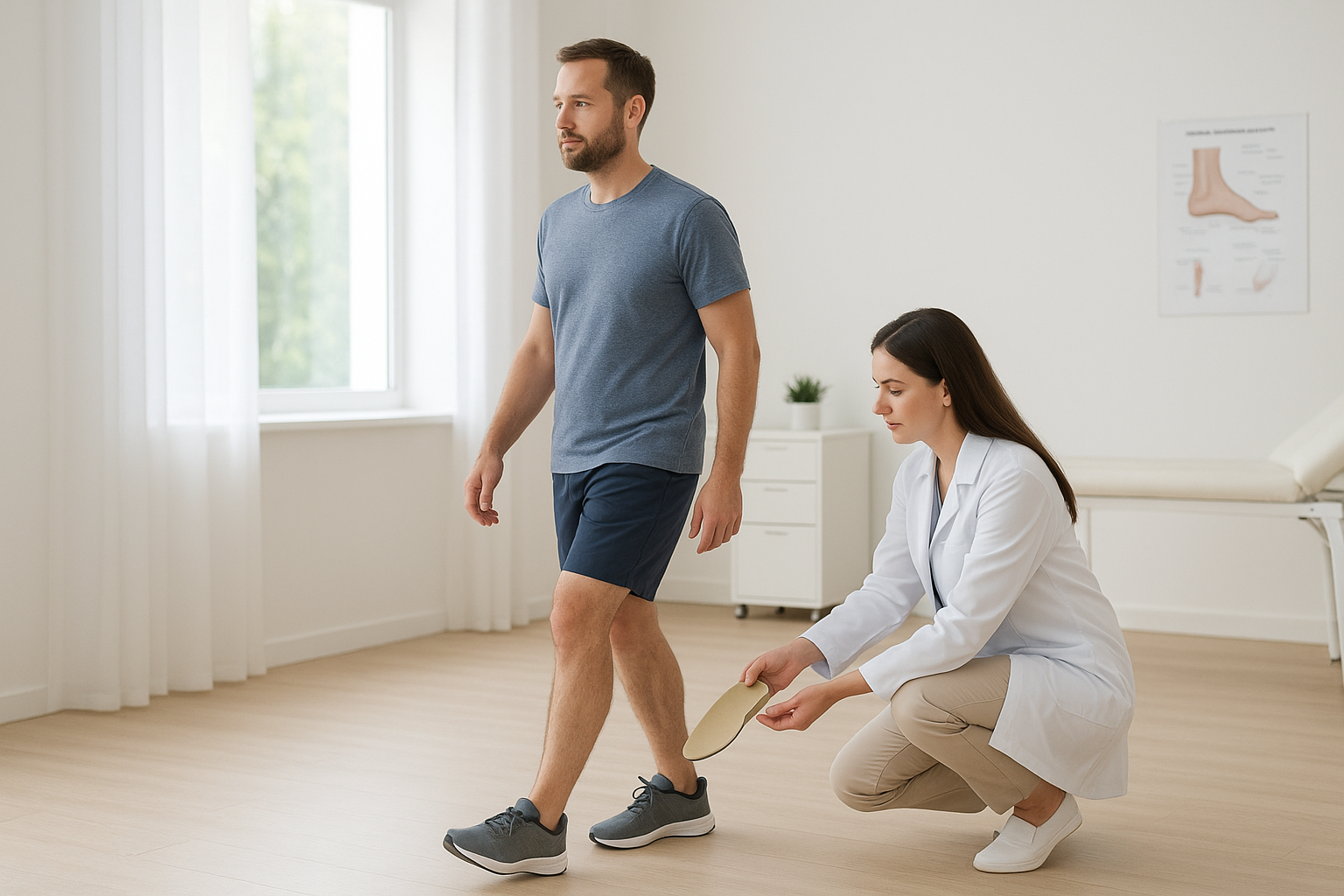Patient testing custom-fitted orthotic insoles during a podiatry appointment