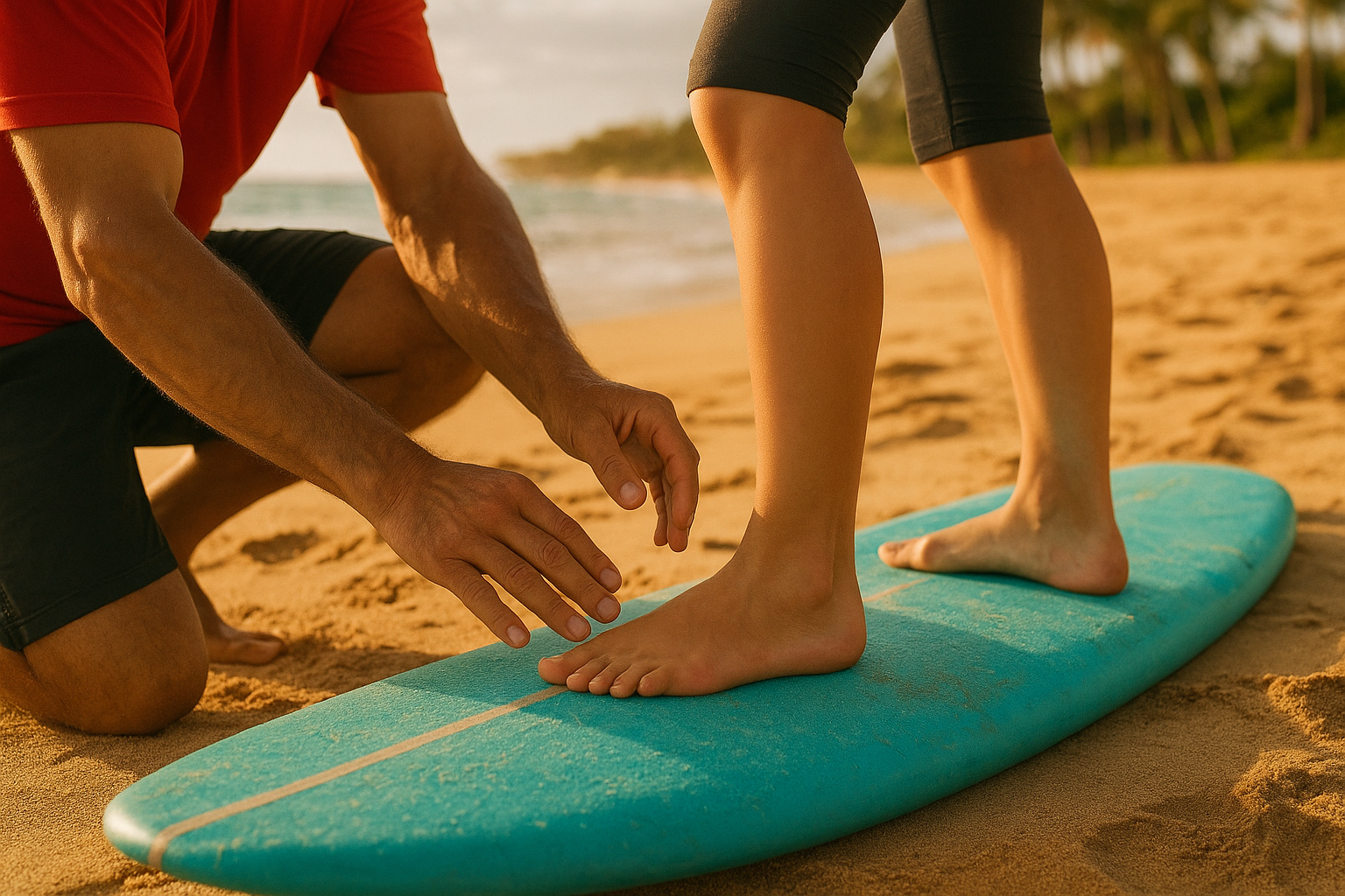 Surf instructor adjusting a student's foot position on a foam board during a Hawaii surf lesson